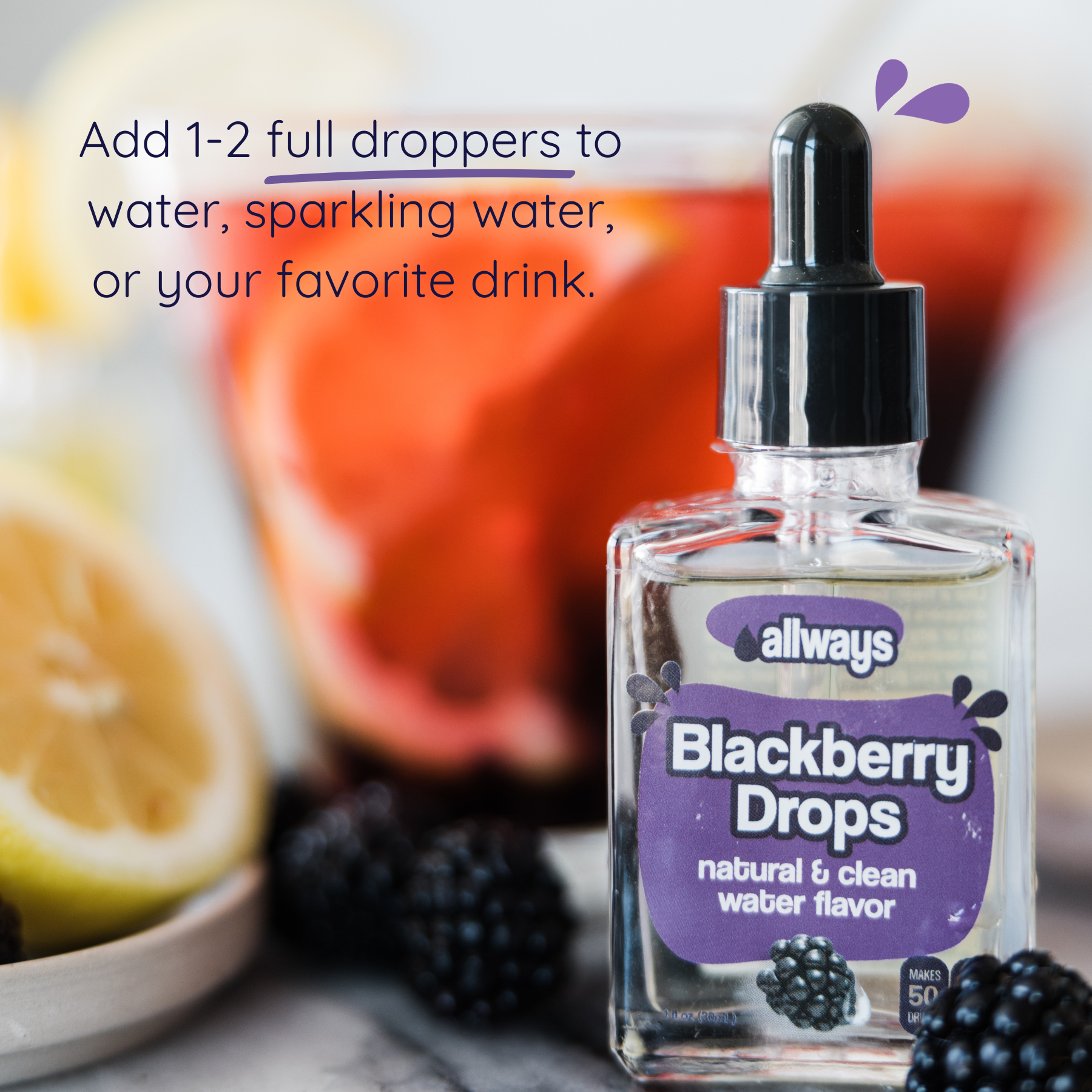 Bottle of 'Allways Blackberry Drops' with fruit in the background