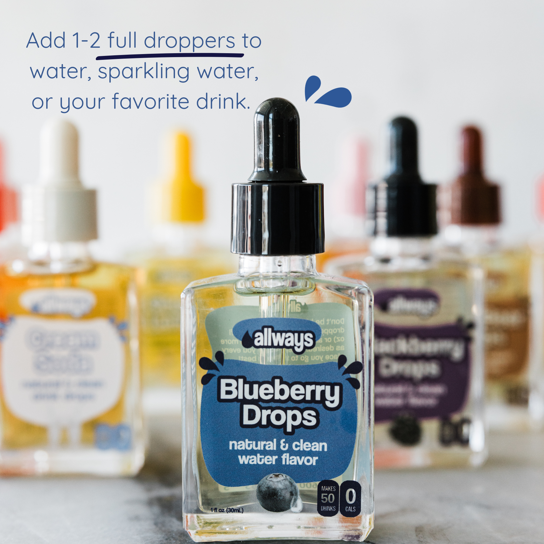 Bottle of Allways Blueberry Drops with dropper on a blurred background