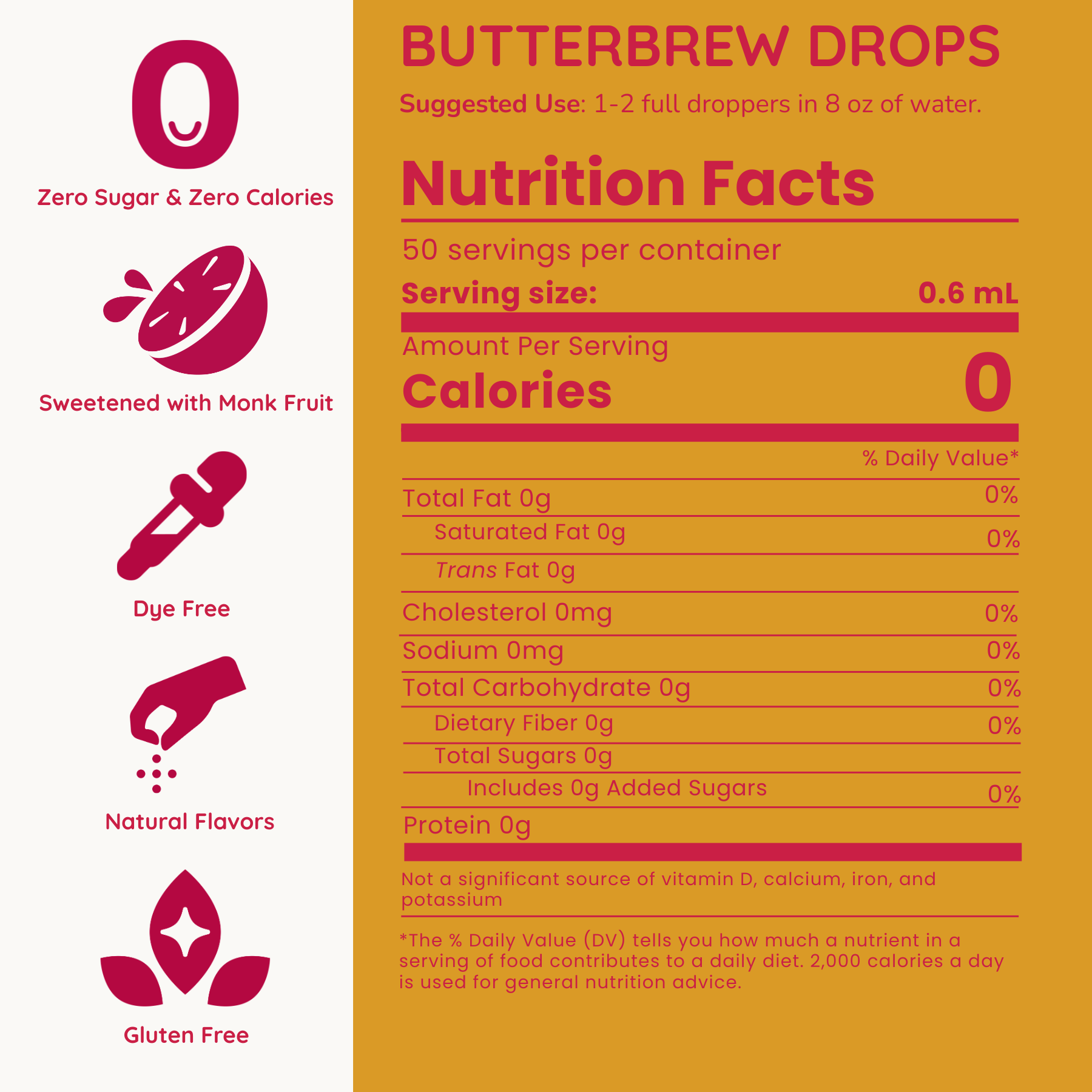 Nutrition facts label for Butterbrew Drops with zero sugar, zero calories, and monk fruit sweetener.