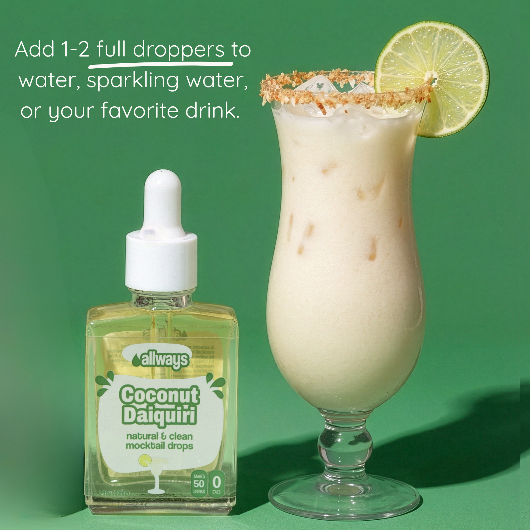 Bottle of allways Coconut Daiquiri mocktail drops with a glass of a creamy drink on a green background.