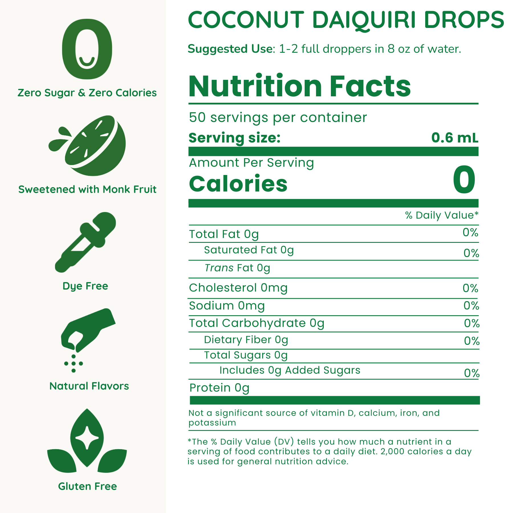 Nutrition facts label for Coconut Daiquiri Drops with green and white color scheme.