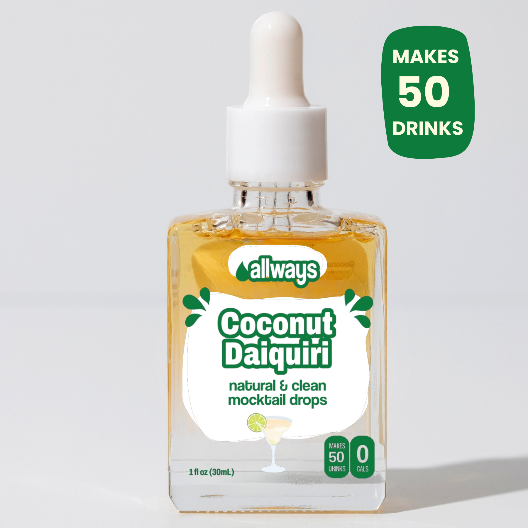 Bottle of allways Coconut Daiquiri mocktail drops with a dropper on a light white background
