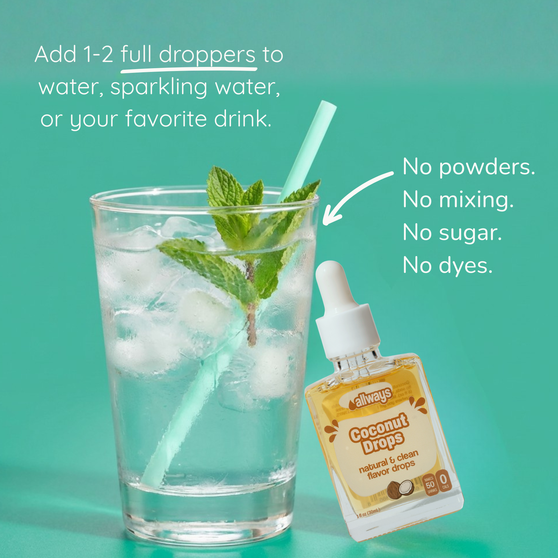 Glass of water with ice and mint, next to a bottle of 'Coconut Drops' on a teal background.