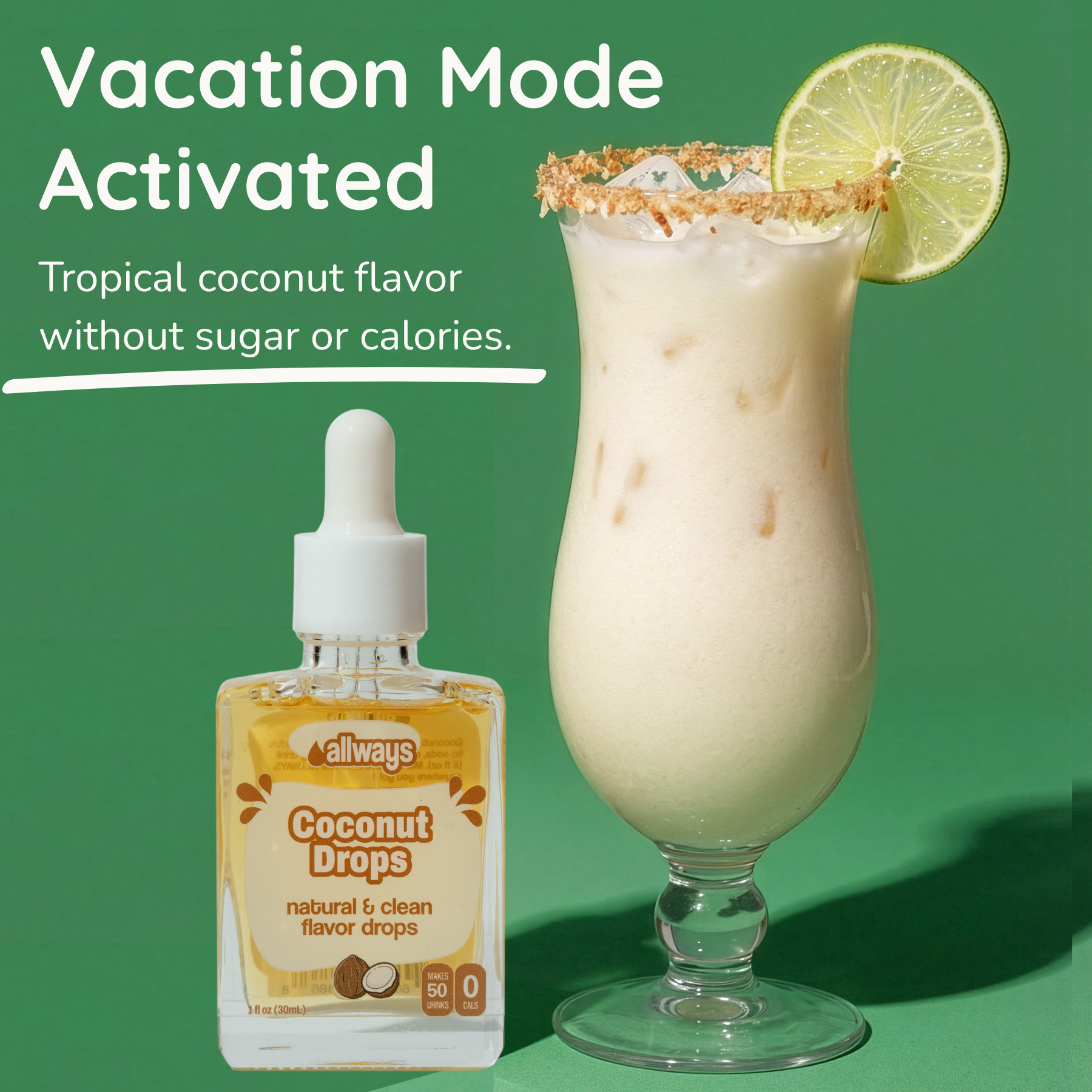 Tropical coconut flavored drink with a bottle labeled 'Coconut Drops' on a green background.