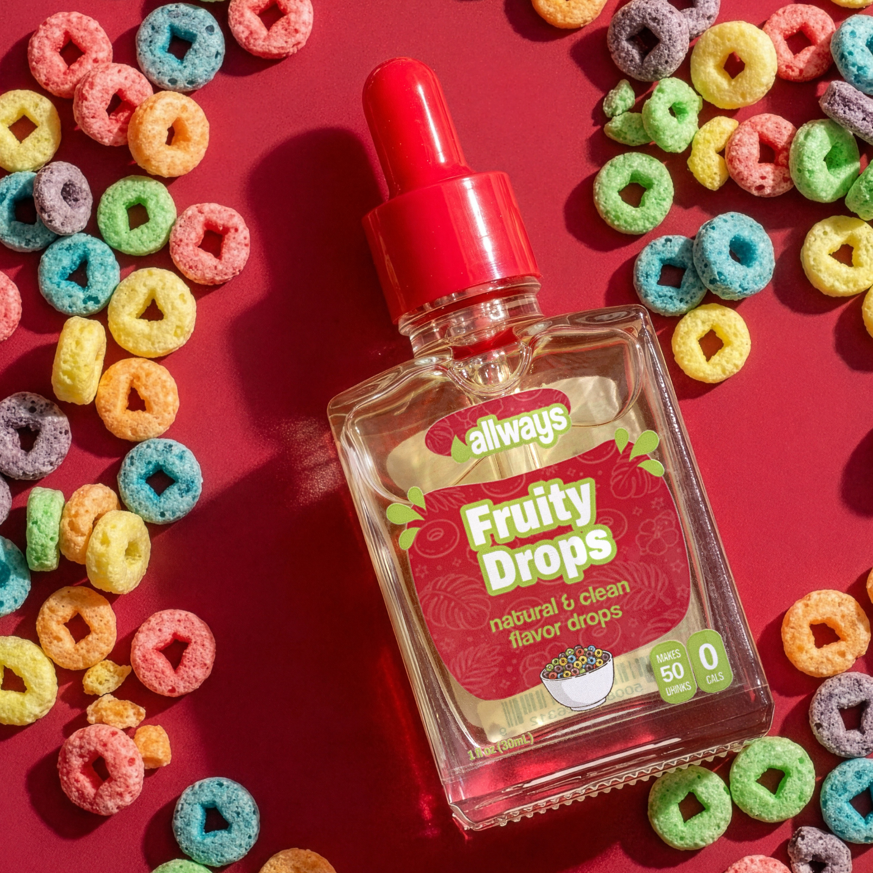 Bottle of 'allways' Fruity Drops with colorful cereal loops on a red background