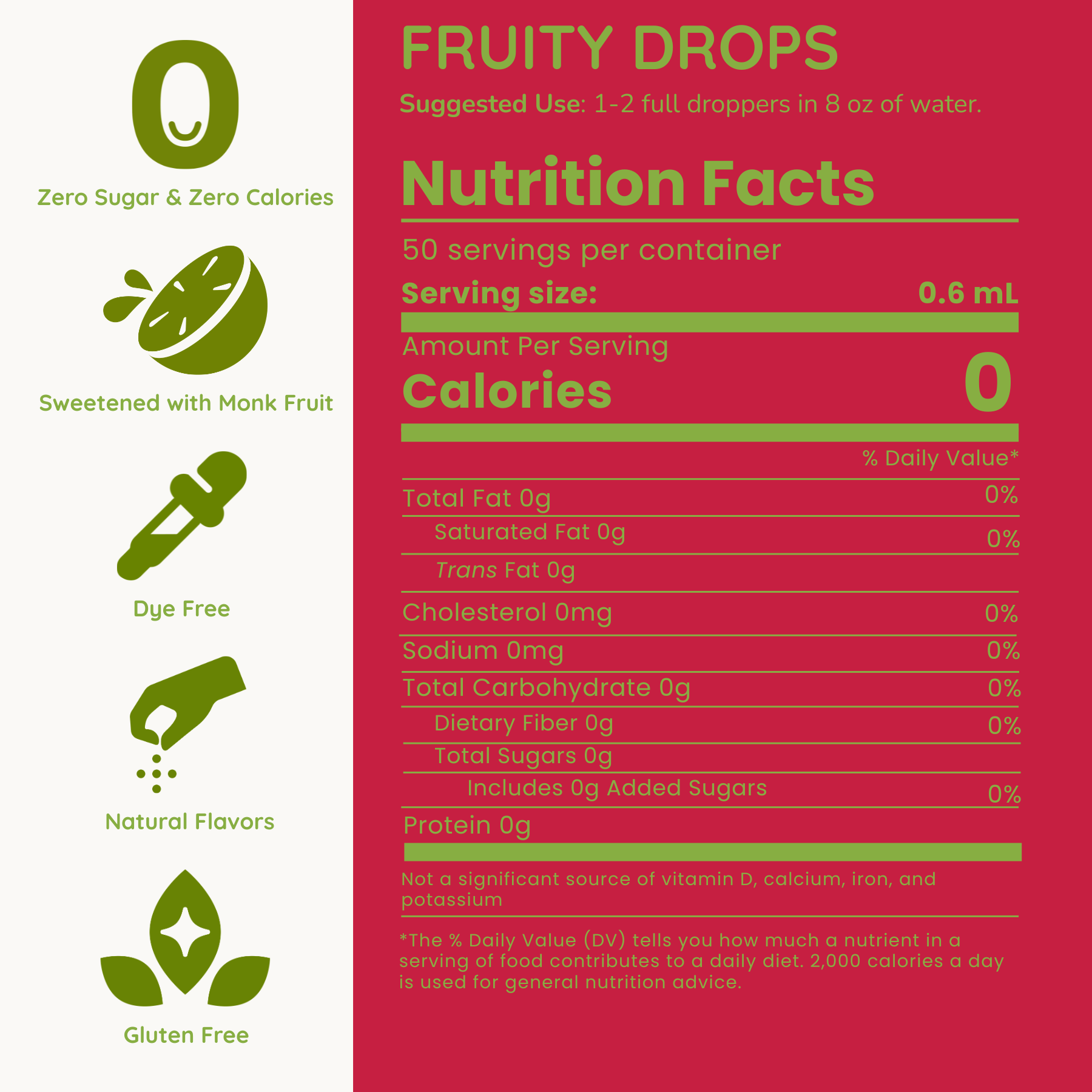 Nutrition facts label for a product called 'Fruity Drops' with green and red design.