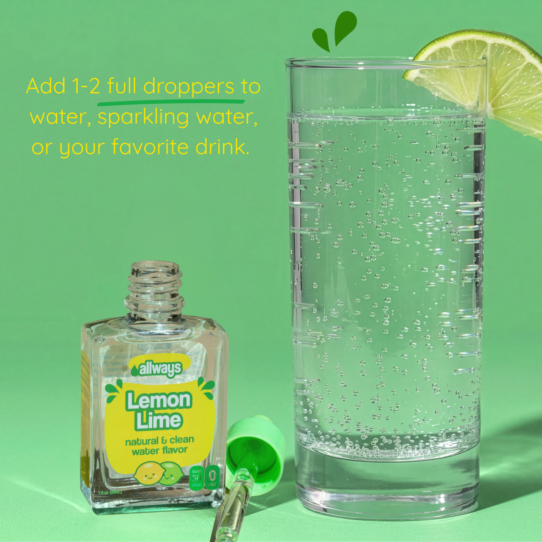 Lemon Lime flavor bottle with dropper, glass of sparkling water, and lemon slice on a green background.
