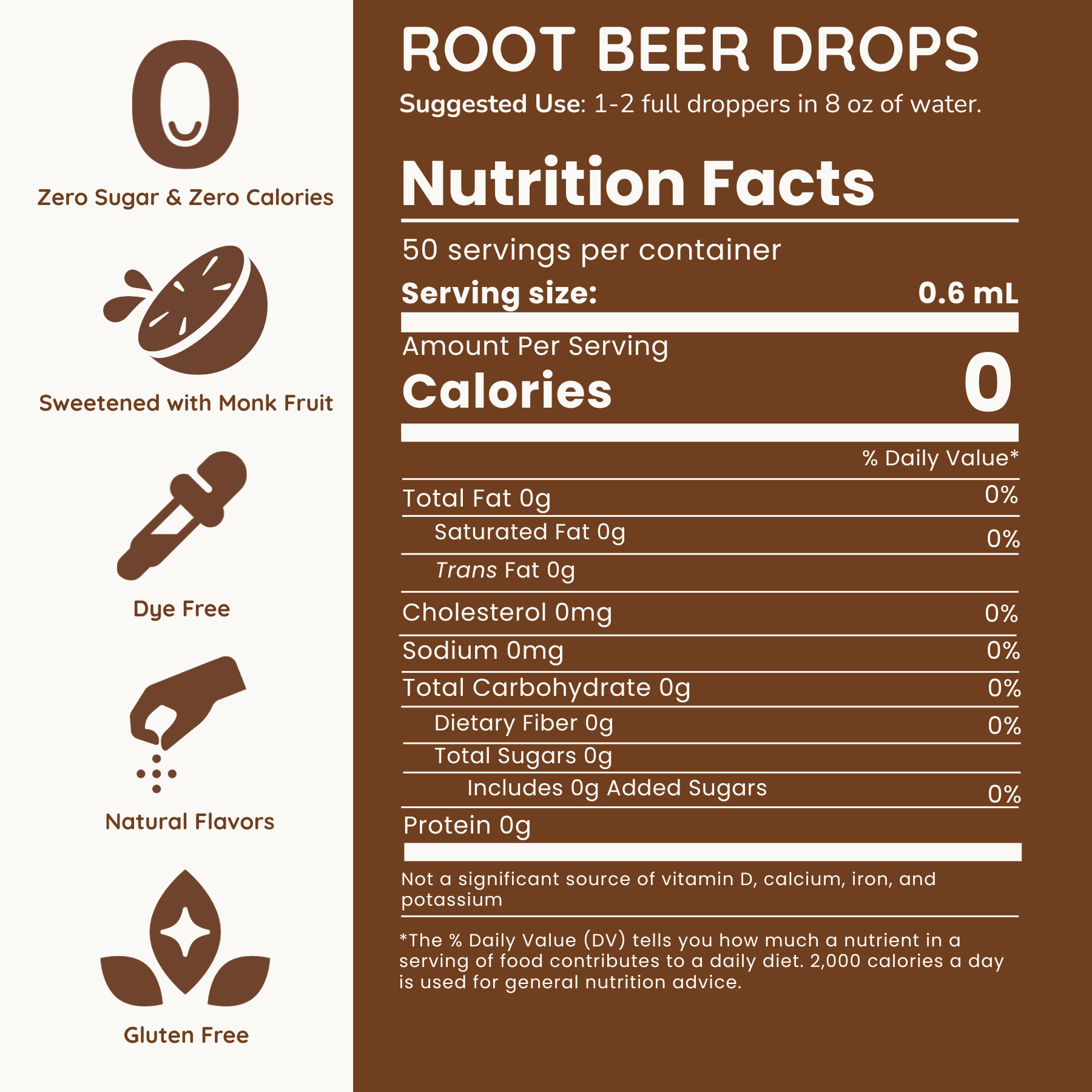 Nutrition facts label for root beer drops with health benefits and usage instructions.