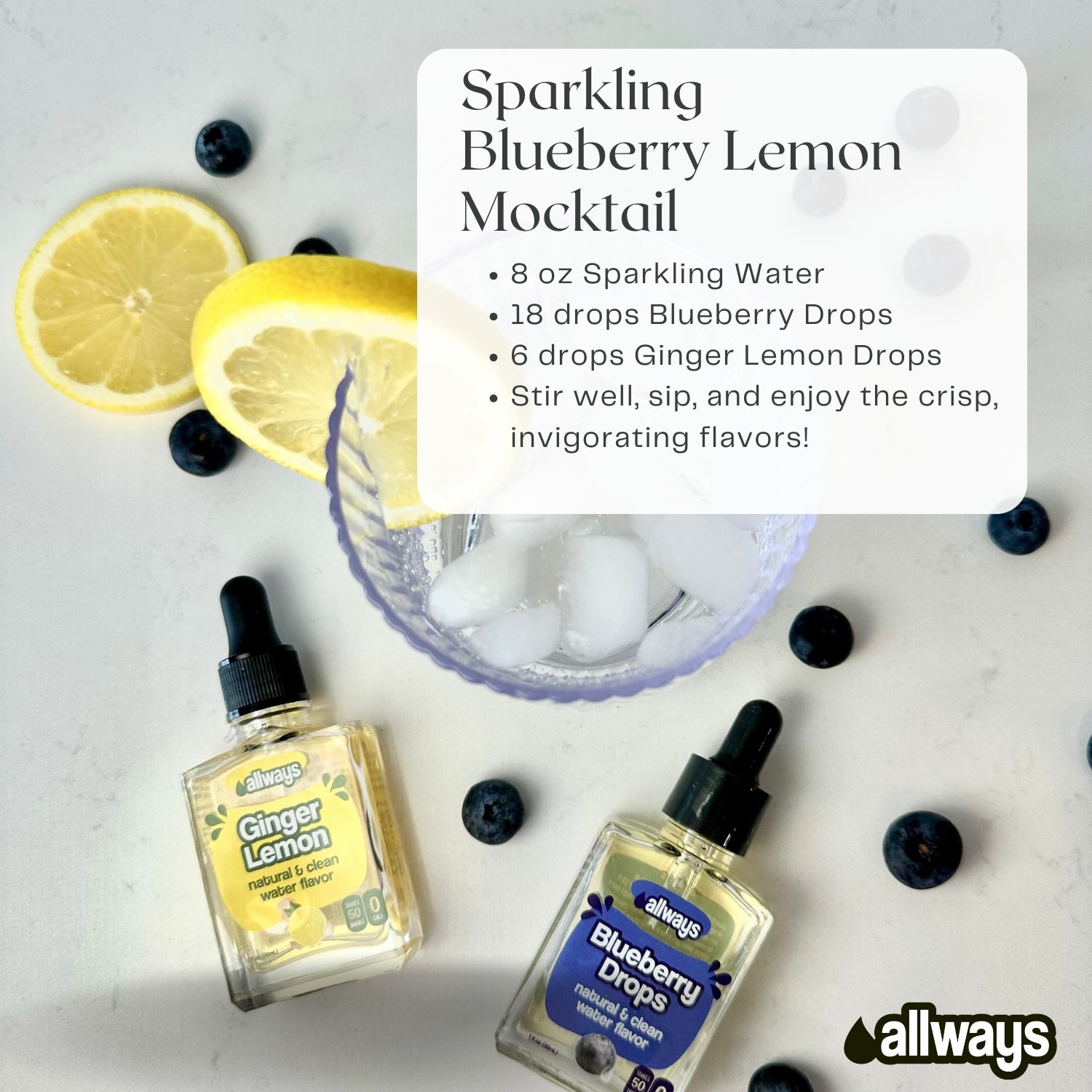 Blueberry Lemon Mocktail recipe with bottles of Allways flavor drops and ingredients on a light background.