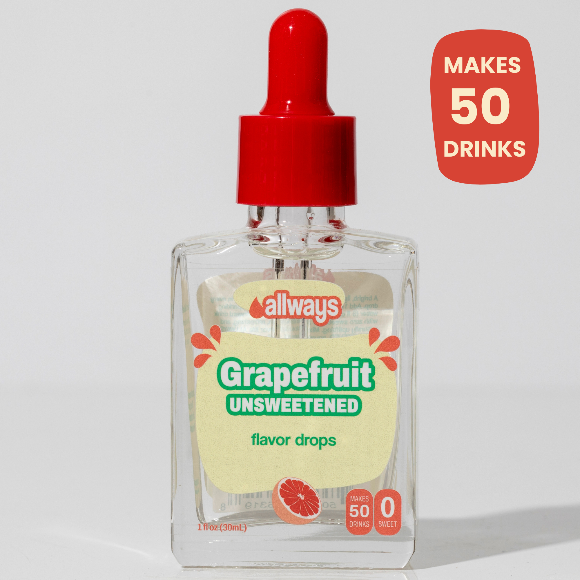 Bottle of Allways Grapefruit Unsweetened flavor drops with a red dropper on a white background.