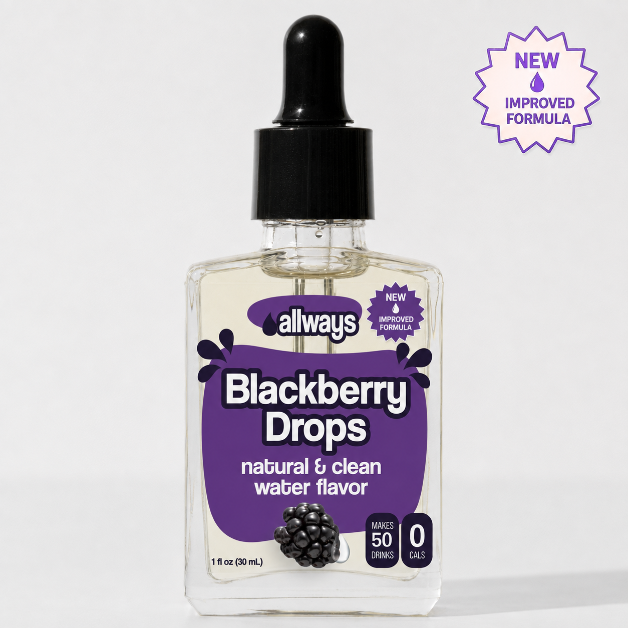 A bottle of Allways Blackberry Drops water flavor tincture with a black dropper cap and a purple label, shown on a light gray background with a purple 'New Improved Formula' badge in the top right corner.