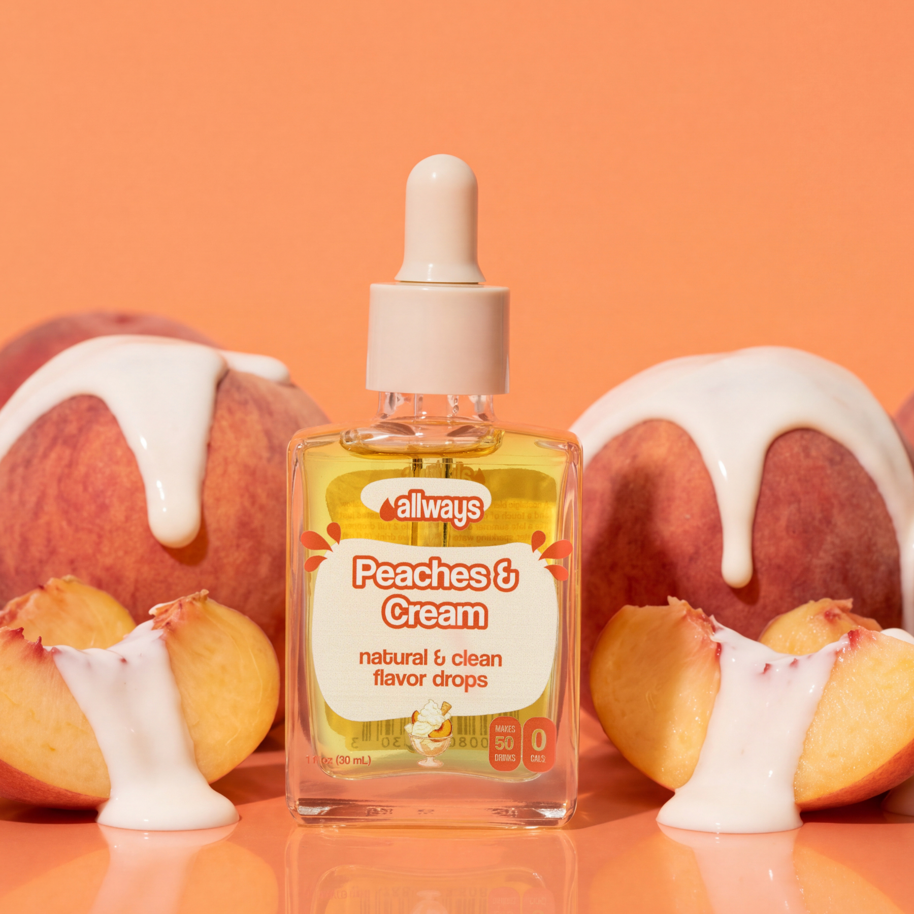 Allways Peaches & Cream Drops next to fresh peaches dripping with cream in front of a peach colored background