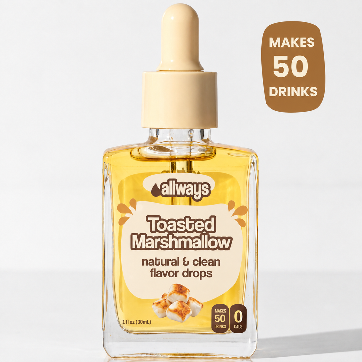 A bottle of Allways brand Toasted Marshmallow flavor drops with a beige dropper cap, filled with golden-yellow liquid, shown on a clean white background with a brown badge that reads 'MAKES 50 DRINKS'.