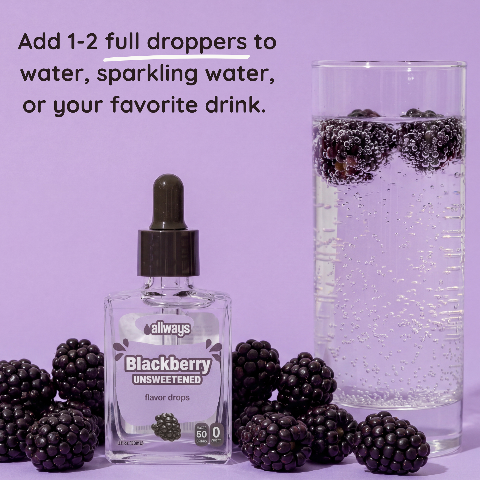 Allways Blackberry Unsweetened flavor drops with a glass of water and blackberries on a purple background.