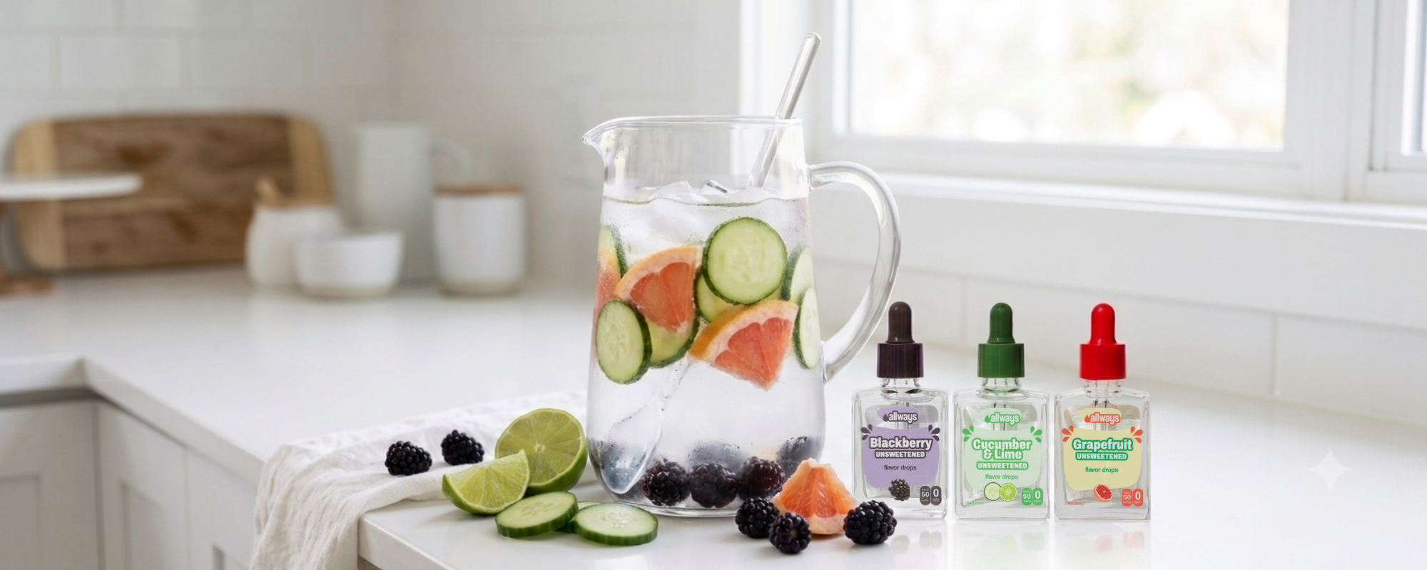 A clear glass pitcher filled with water and sliced cucumbers, grapefruit, and berries sits on a white kitchen counter beside three small supplement dropper bottles with purple, green, and red caps. The scene is brightly lit by a window, with blurred kitchen items in the background.