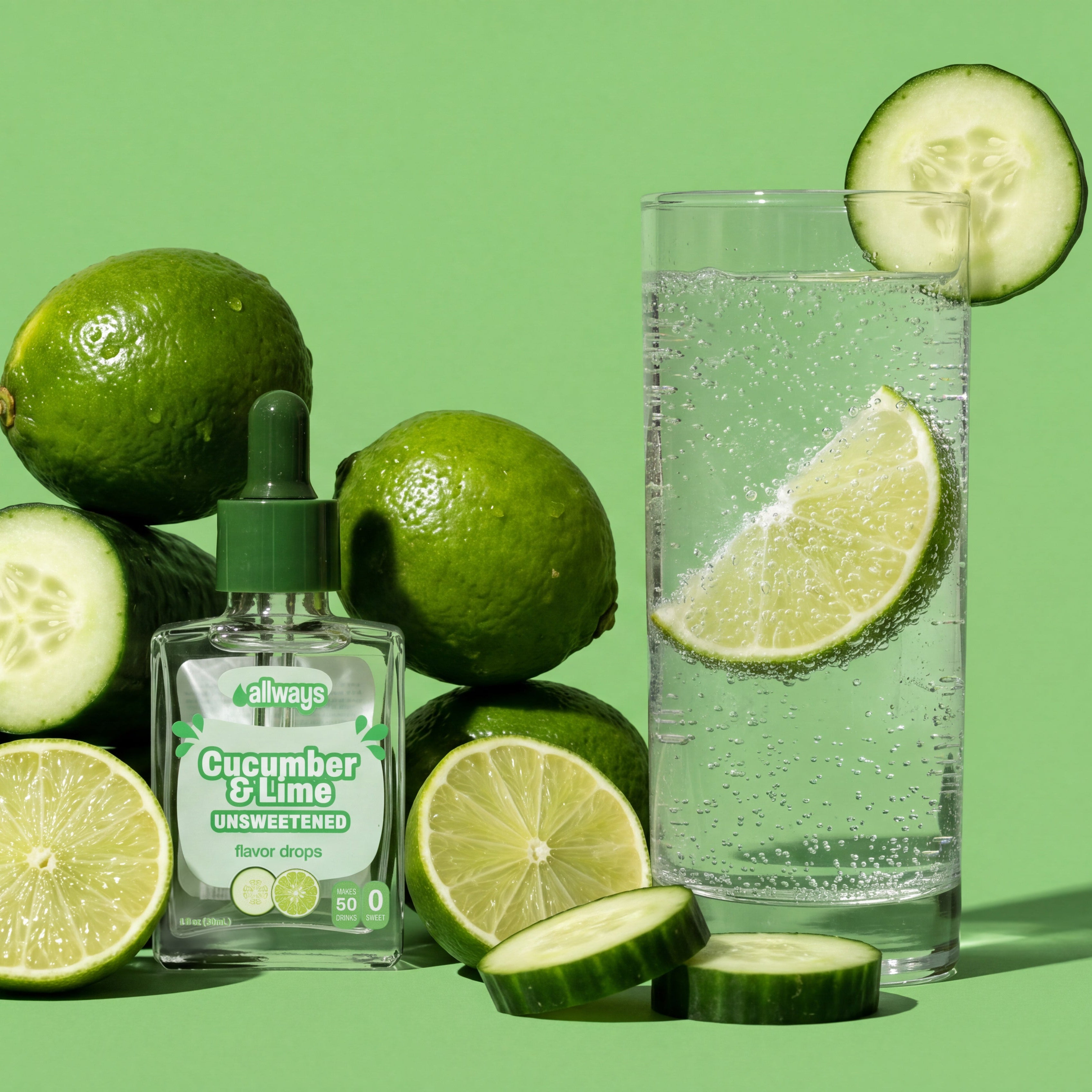 allways unsweetened cucumber and lime drops next to a refreshing glass of sparkling water with fresh cucubmer and limes in front of a green background