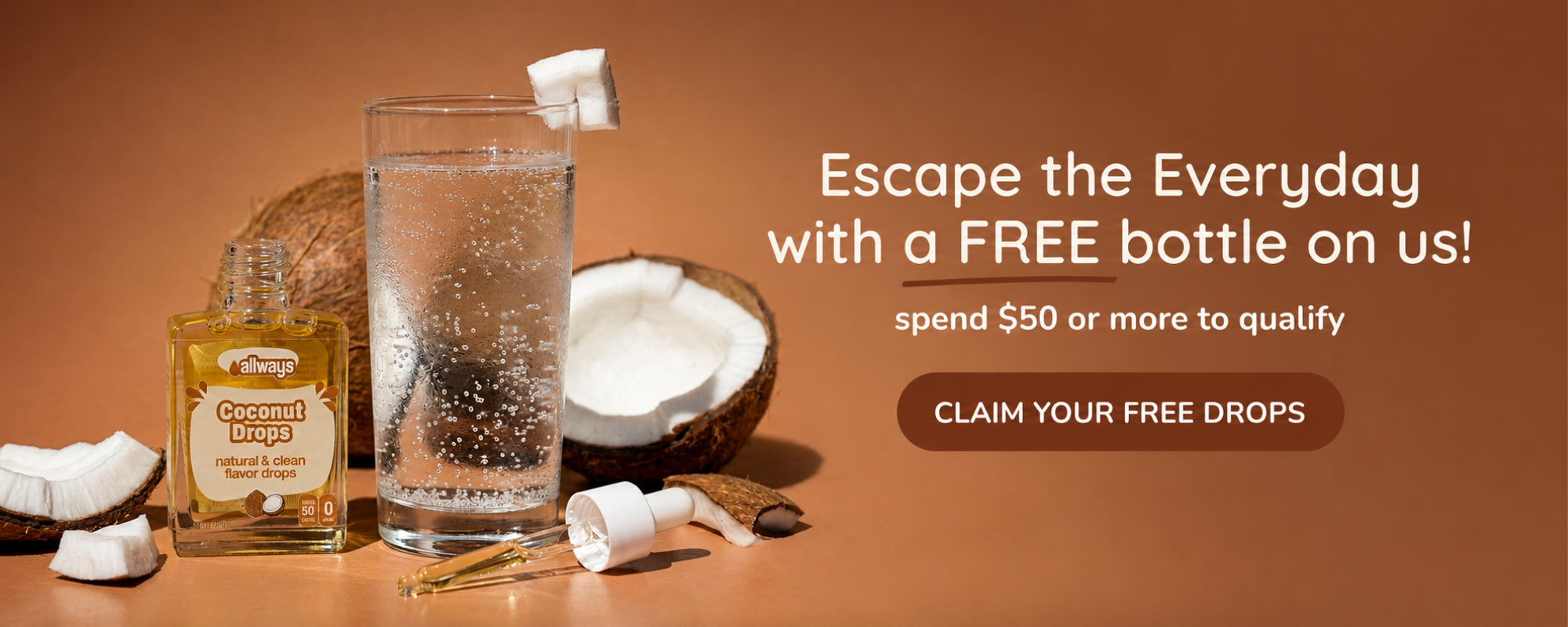 Allways Coconut Drops next to a glass of water and fresh coconut in front of brown background