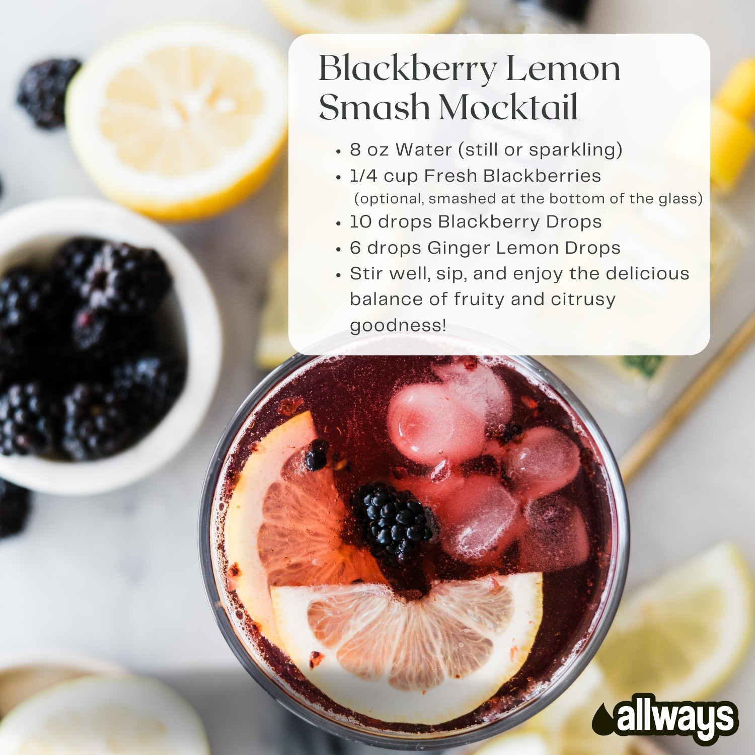 Blackberry Lemon Smash Mocktail with ingredients and recipe on a white background