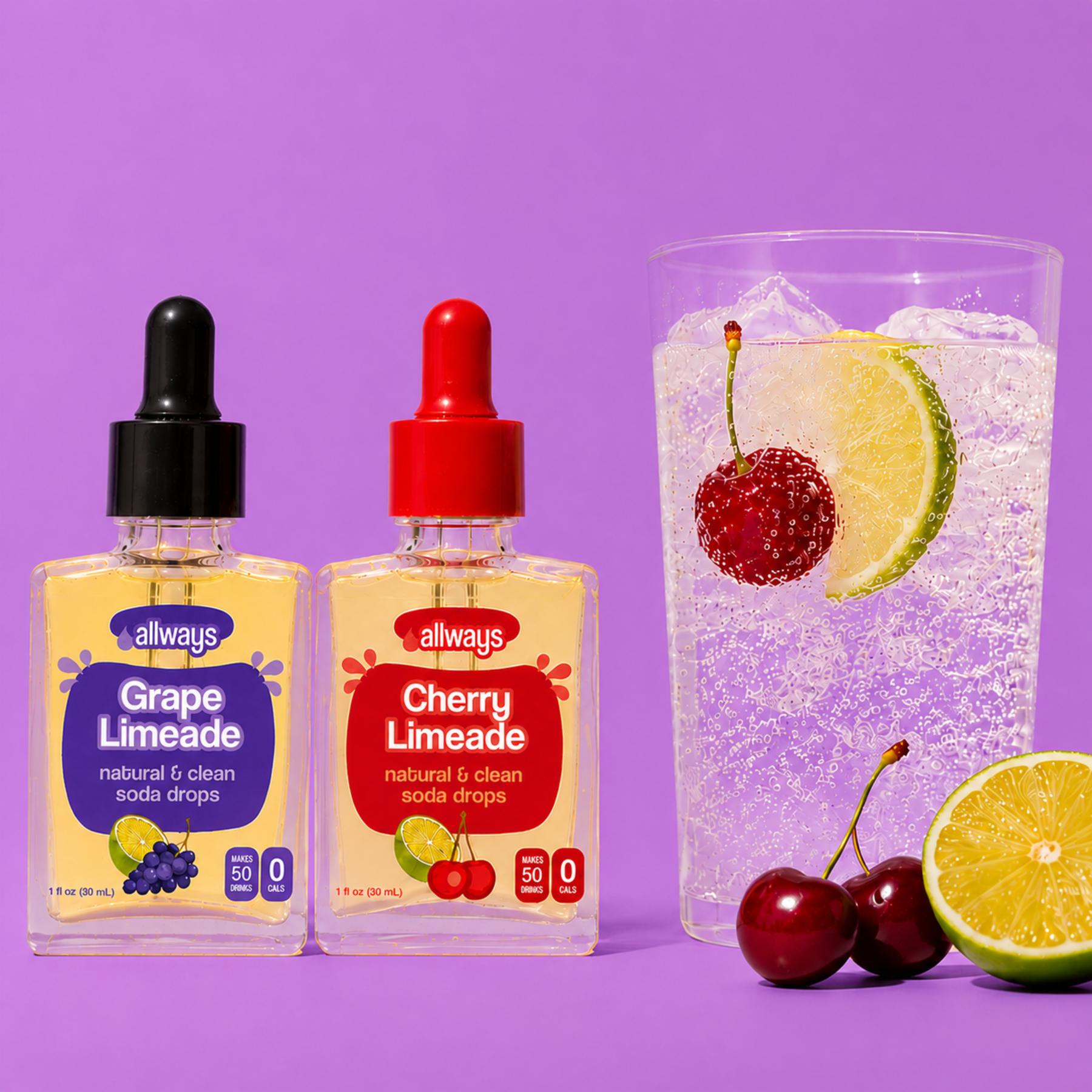 Two bottles of Always Grape Limeade and Always Cherry Limeade soda drops on a purple background, next to a glass of sparkling soda with a cherry and lime slice, with cherries and a lime half in the foreground.