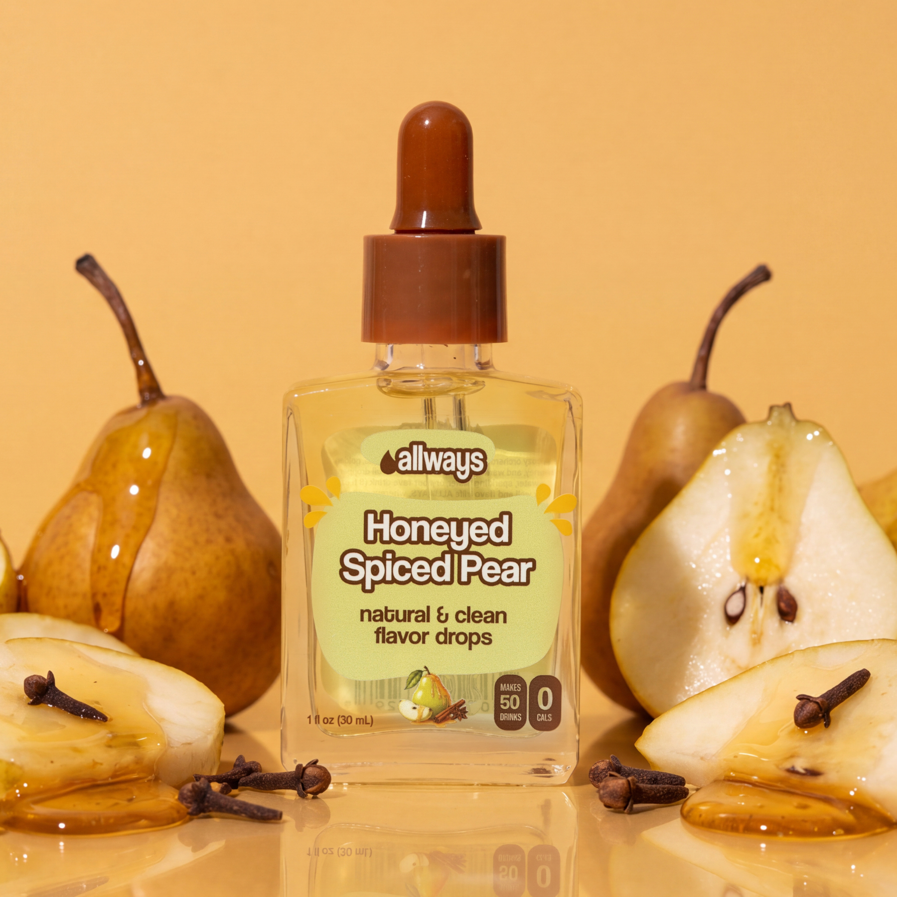Allways Honeyed Spiced Pear next to fresh pear dripping in honey and spices in front of a yellow background