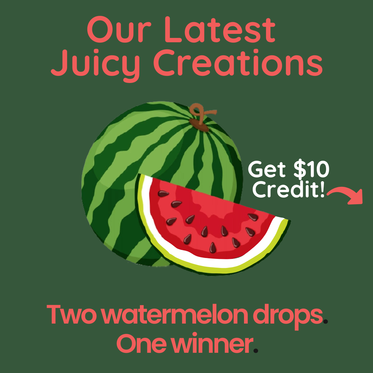 Promotional graphic with watermelon illustration and text on a green background