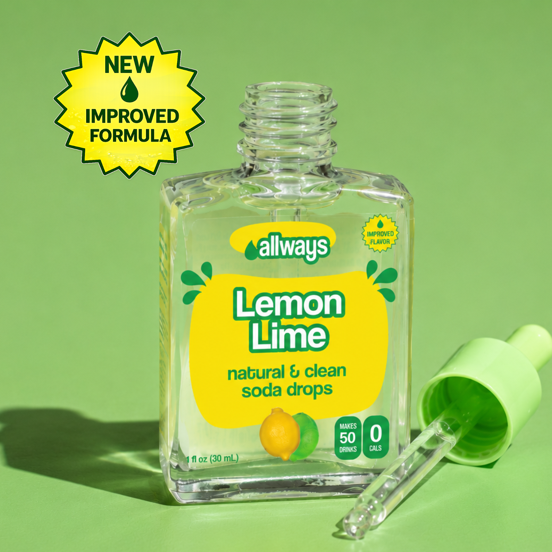 A bottle of Allways Lemon Lime natural and clean soda drops with its green dropper cap lying beside it on a light green background, featuring a yellow 'NEW IMPROVED FORMULA' badge overlay.