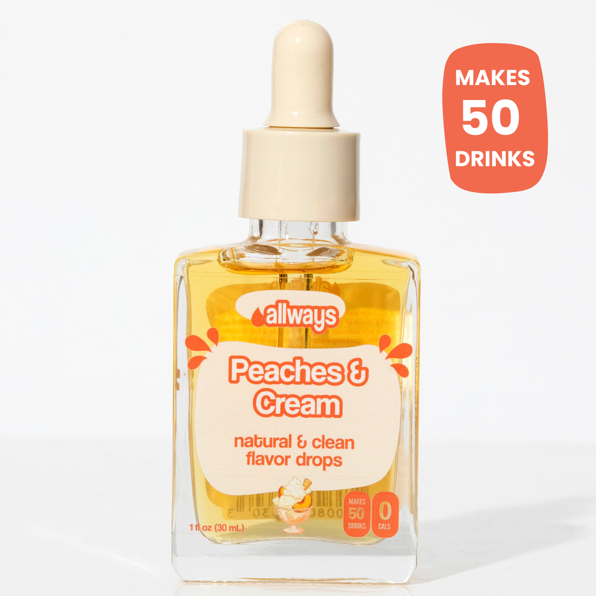 A bottle of allways brand Peaches & Cream natural and clean flavor drops, featuring a clear glass bottle filled with golden-yellow liquid, a cream-colored dropper cap, and an orange and white label. A coral-colored badge in the top right corner reads 'MAKES 50 DRINKS'.