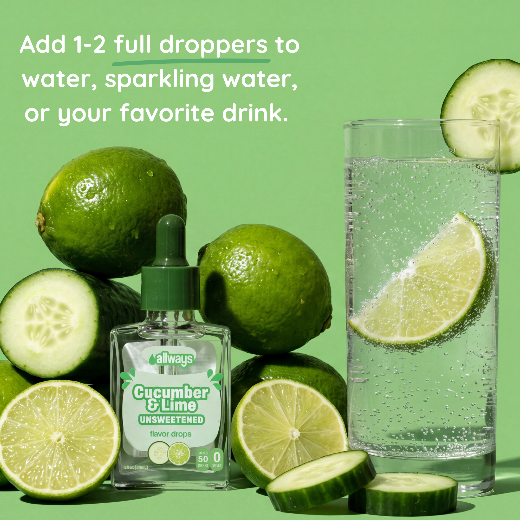 Bottle of cucumber and lime unsweetened drink mix with green background, limes, cucumbers, and a glass of water.