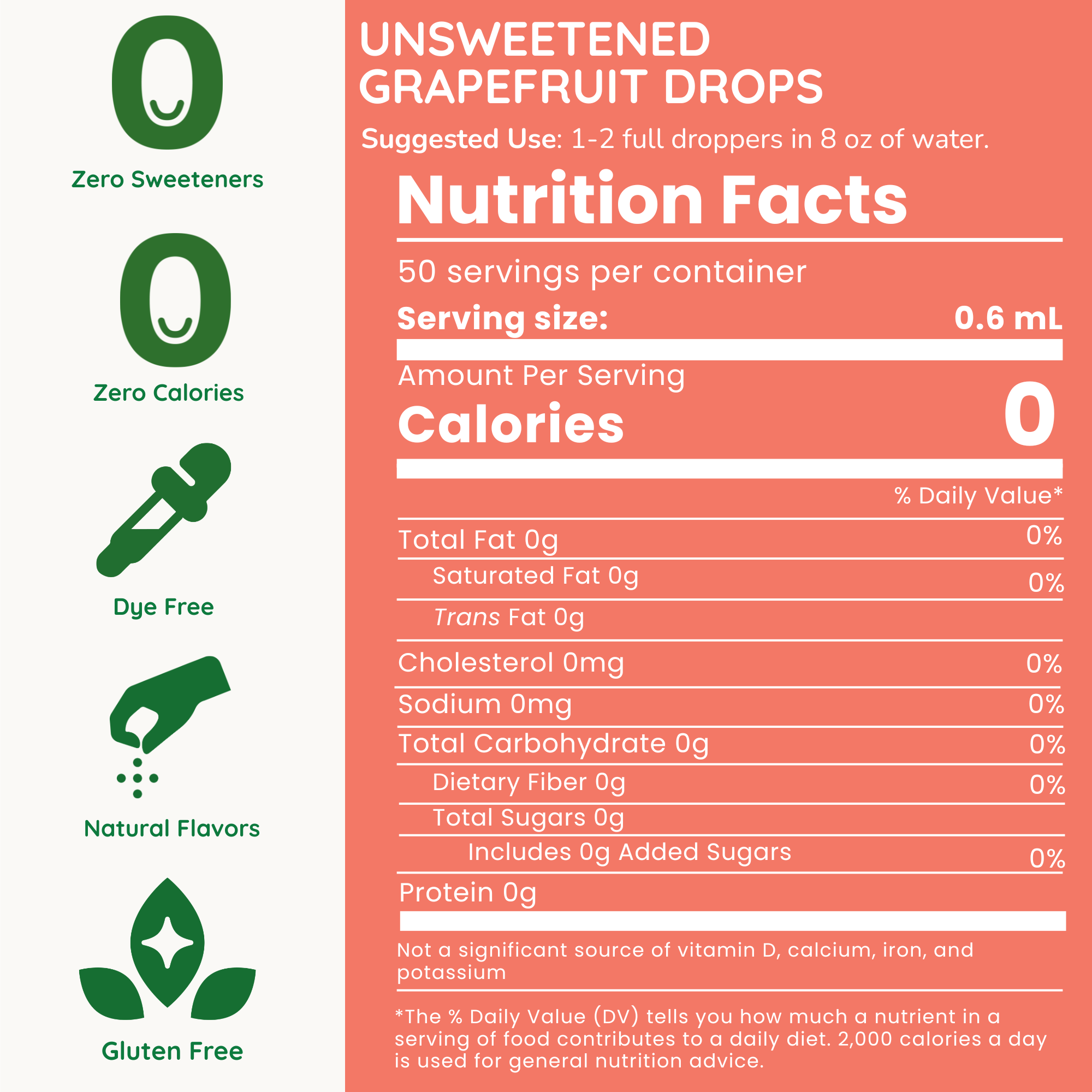 Nutrition facts label for unsweetened grapefruit drops with green icons and text on a pink background.