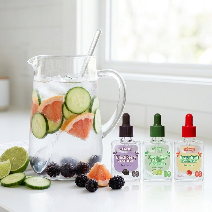 A clear glass pitcher filled with water and fresh fruit next to allways unsweetened drops