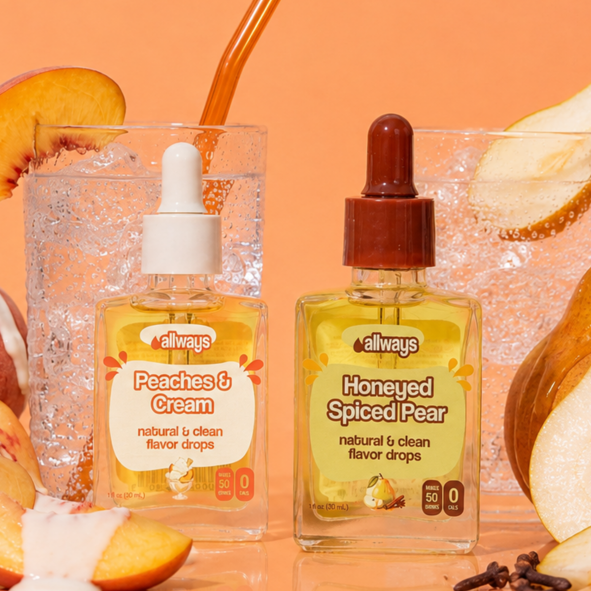 Allways Peaches & Cream Drops and Honeyed Spiced Pear Drops next to two sparkling drinks with fresh fruit and spices in front of a peach colored background.