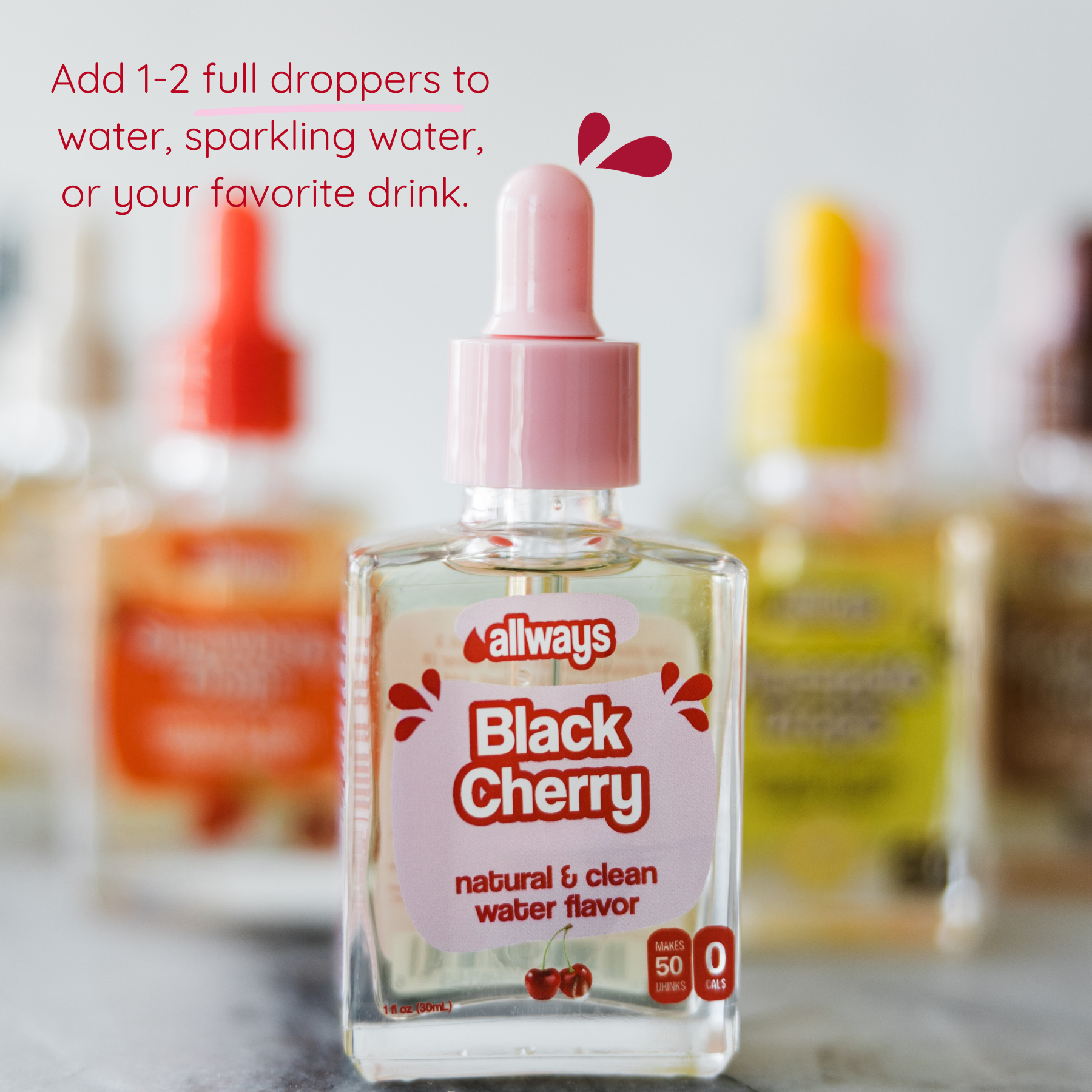Bottle of Allways Black Cherry water flavor with dropper on a blurred background