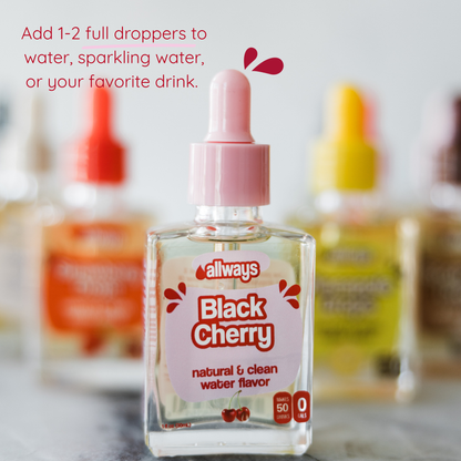 Bottle of Allways Black Cherry water flavor with dropper on a blurred background
