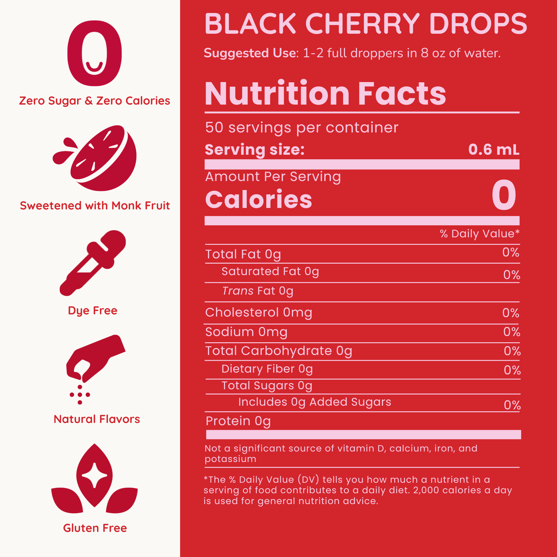 Nutrition label for Black Cherry Drops with red and white design.