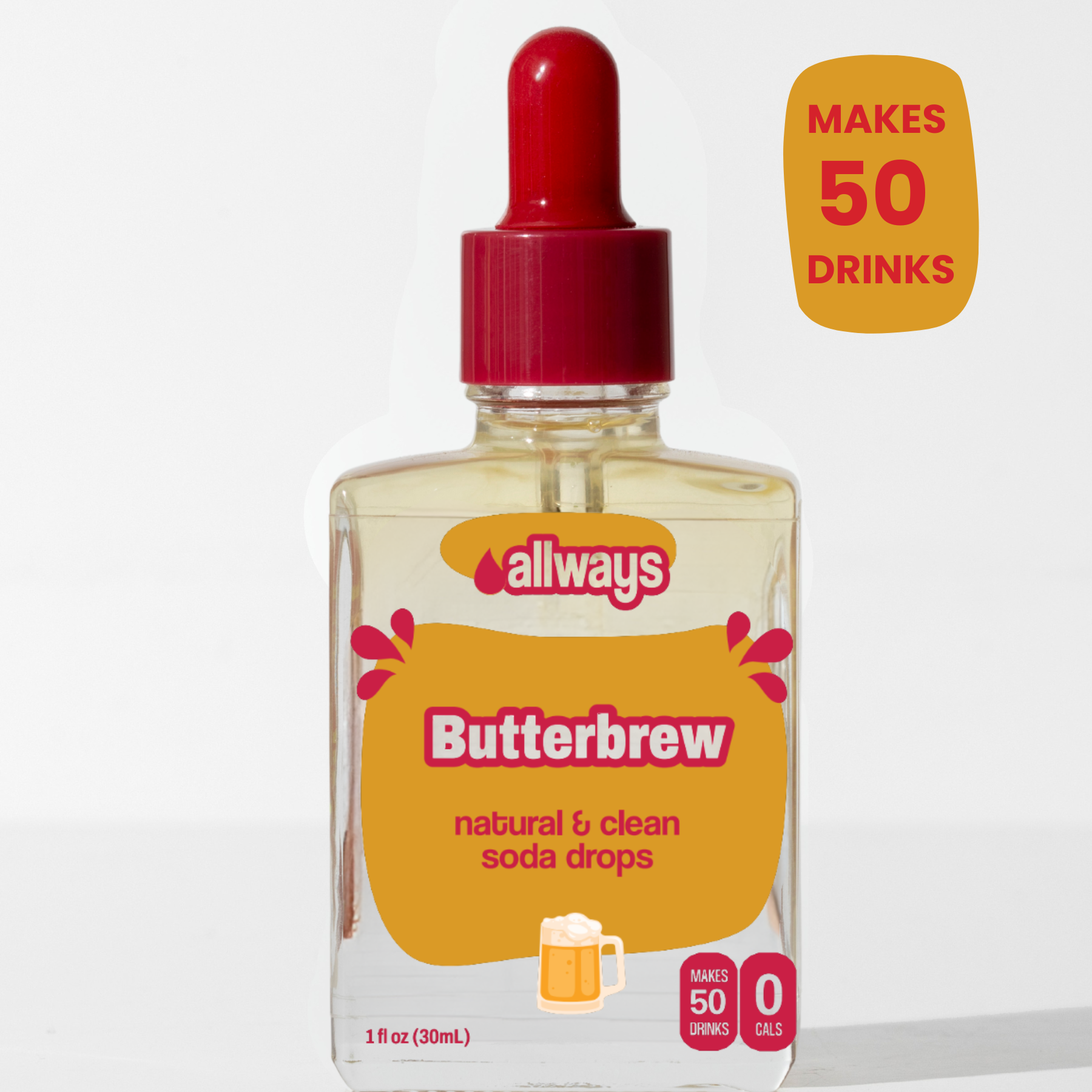 Bottle of allways Butterbrew with a red dropper on a white background