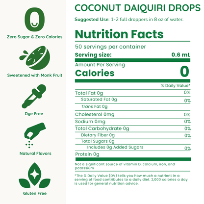 Nutrition facts label for Coconut Daiquiri Drops with green and white color scheme.