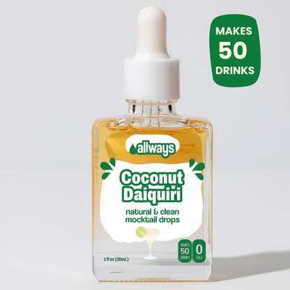 Bottle of allways Coconut Daiquiri mocktail drops with a dropper on a light white background