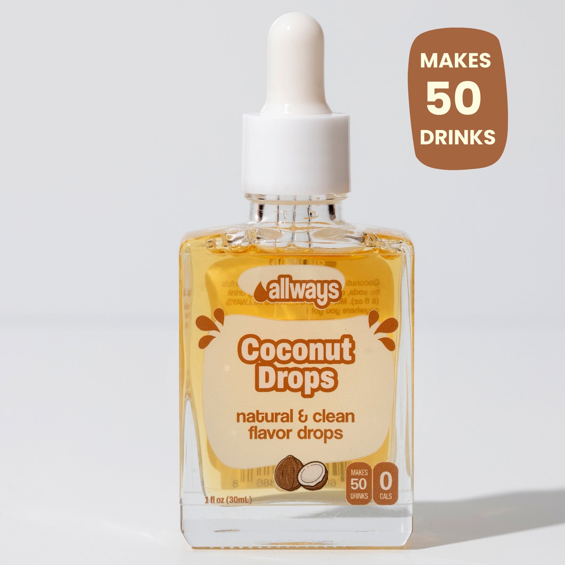 Bottle of allways Coconut Drops flavor drops with a dropper on a light gray background