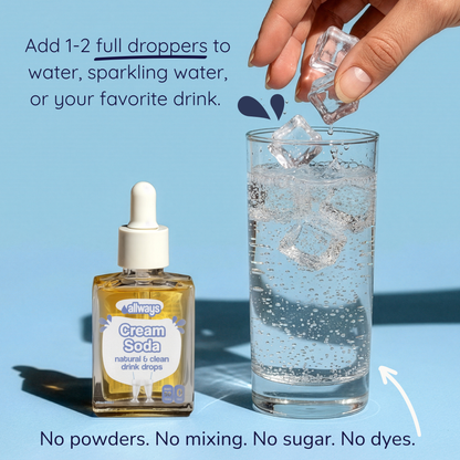 Bottle of cream soda drops with a glass of water and ice cubes on a blue background.