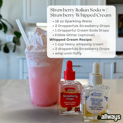 Strawberry Italian Soda with whipped cream and ingredients on a kitchen counter