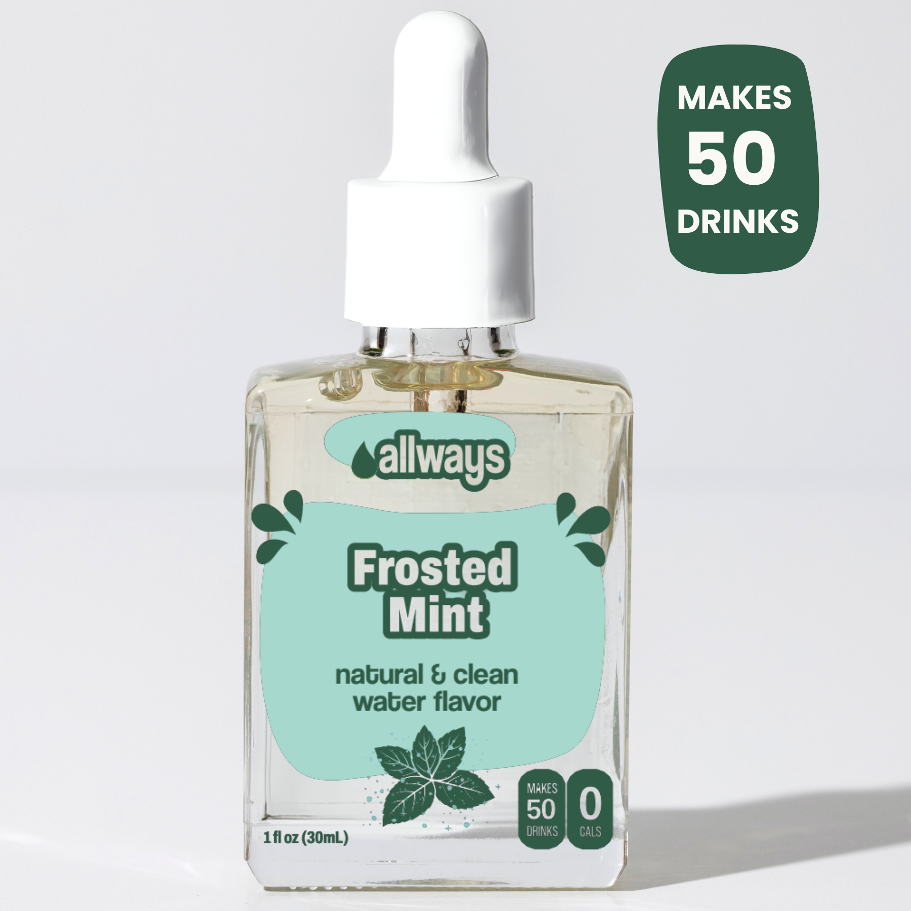 Bottle of 'allways Frosted Mint' water flavor with dropper on a light gray background