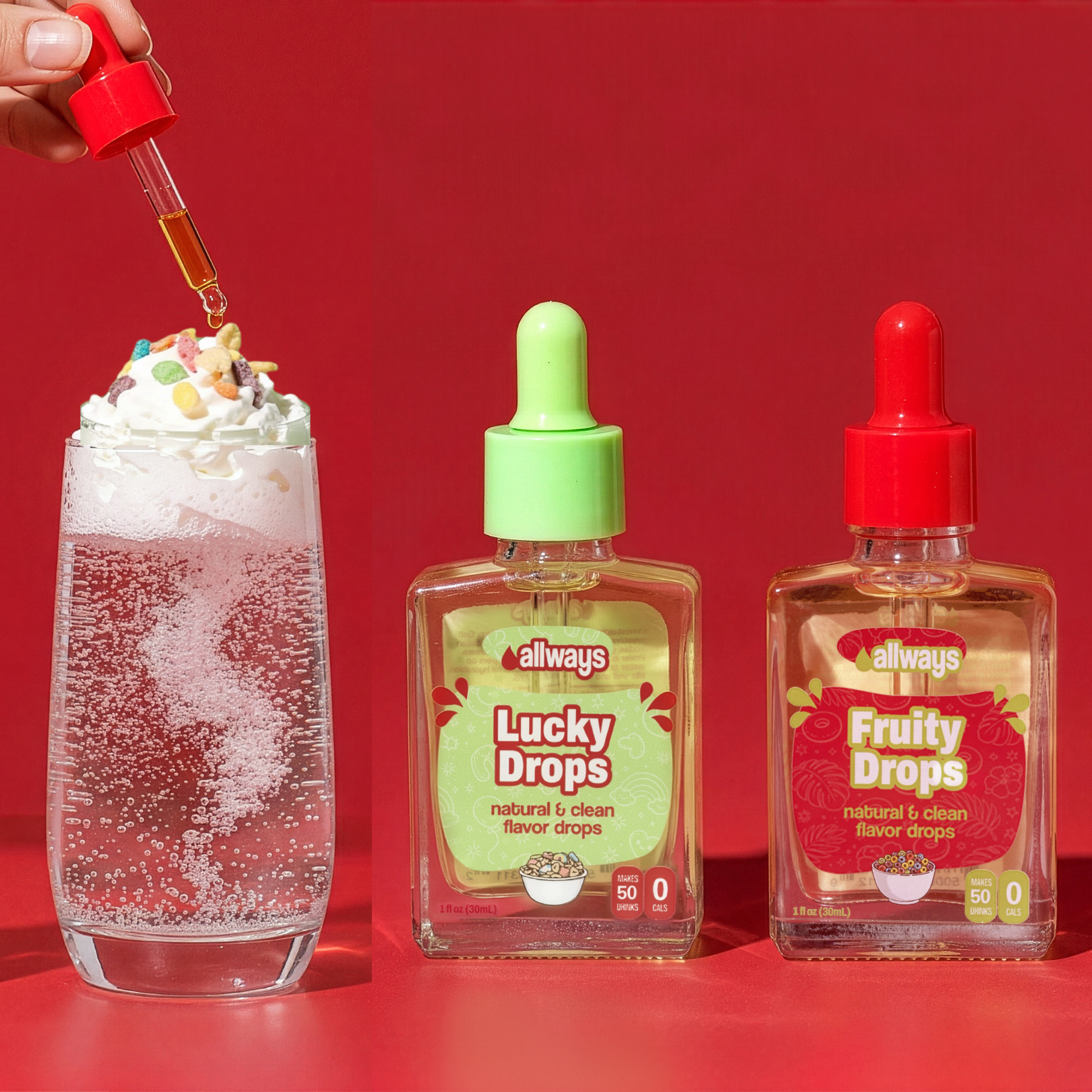 Two bottles of 'Always' Lucky Drops and Fruity Drops with a glass of a dessert being topped with a drop.