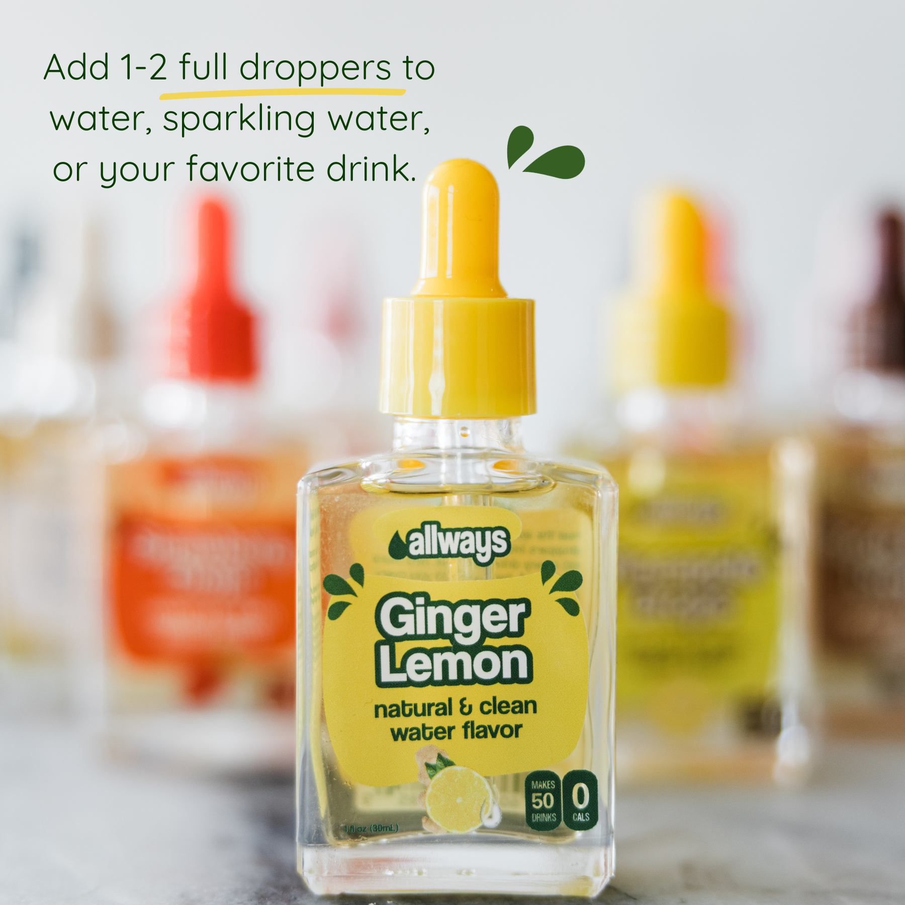 Ginger lemon flavored water dropper bottle with text on a blurred background