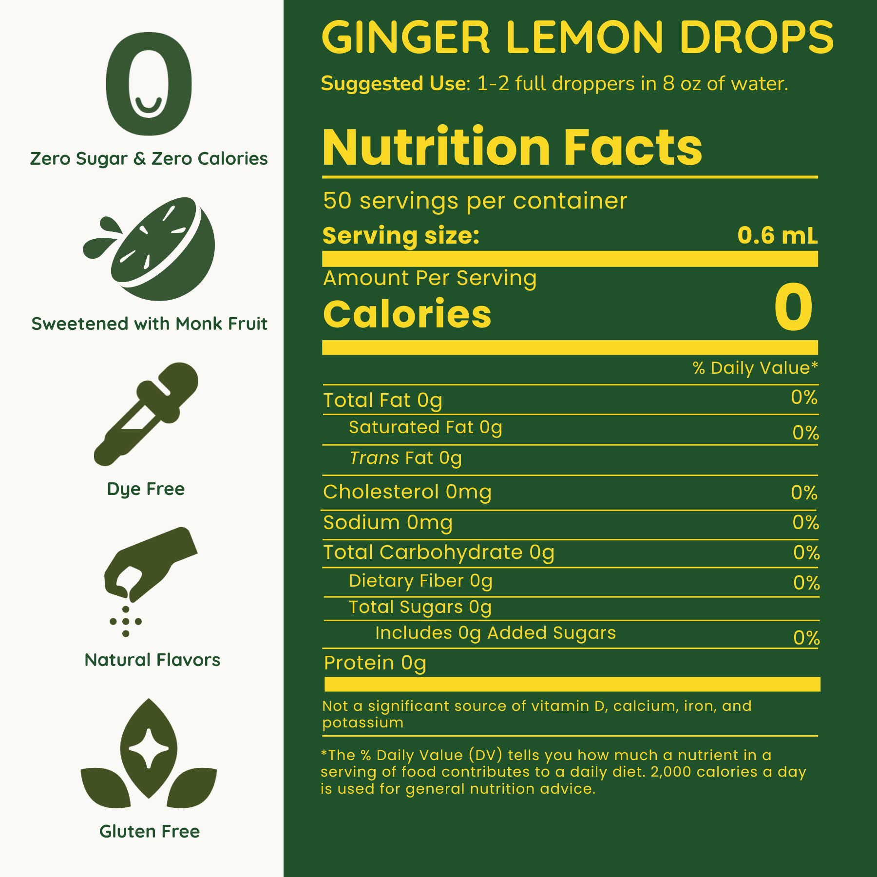 Nutrition facts label for Ginger Lemon Drops with green and white design.