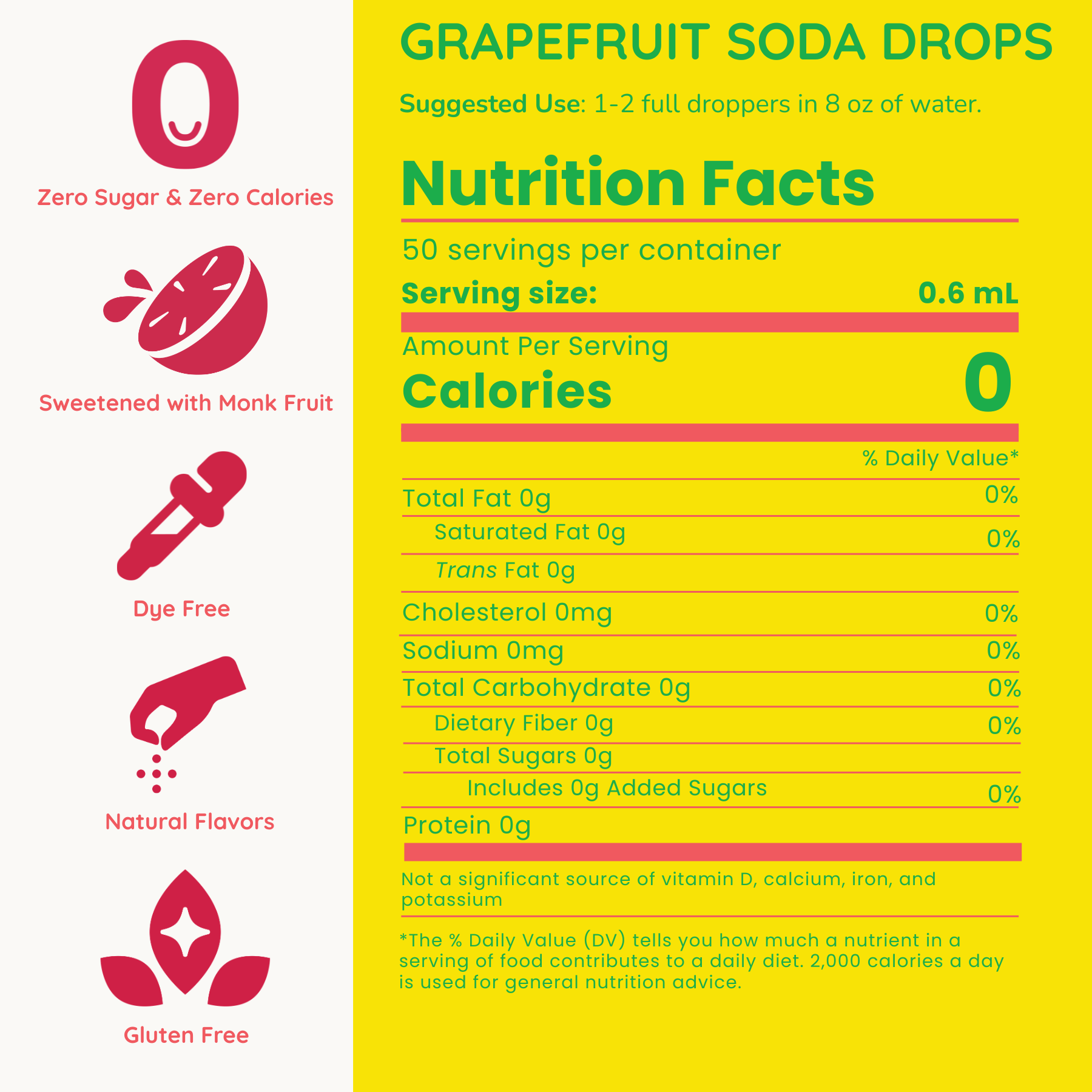 Nutrition facts label for Grapefruit Soda Drops with icons and text.