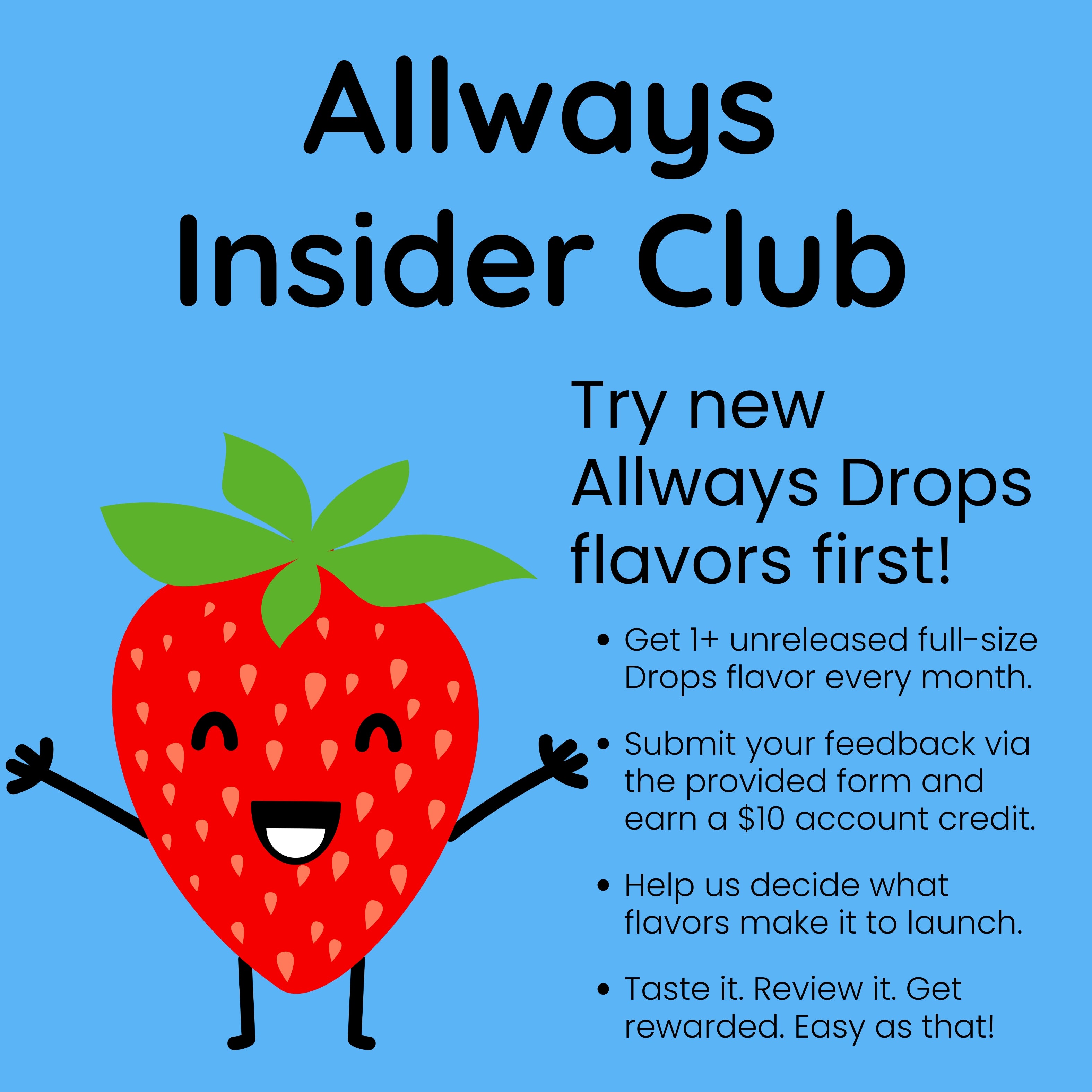Promotional graphic for Allways Insider Club with a cartoon strawberry character on a blue background.