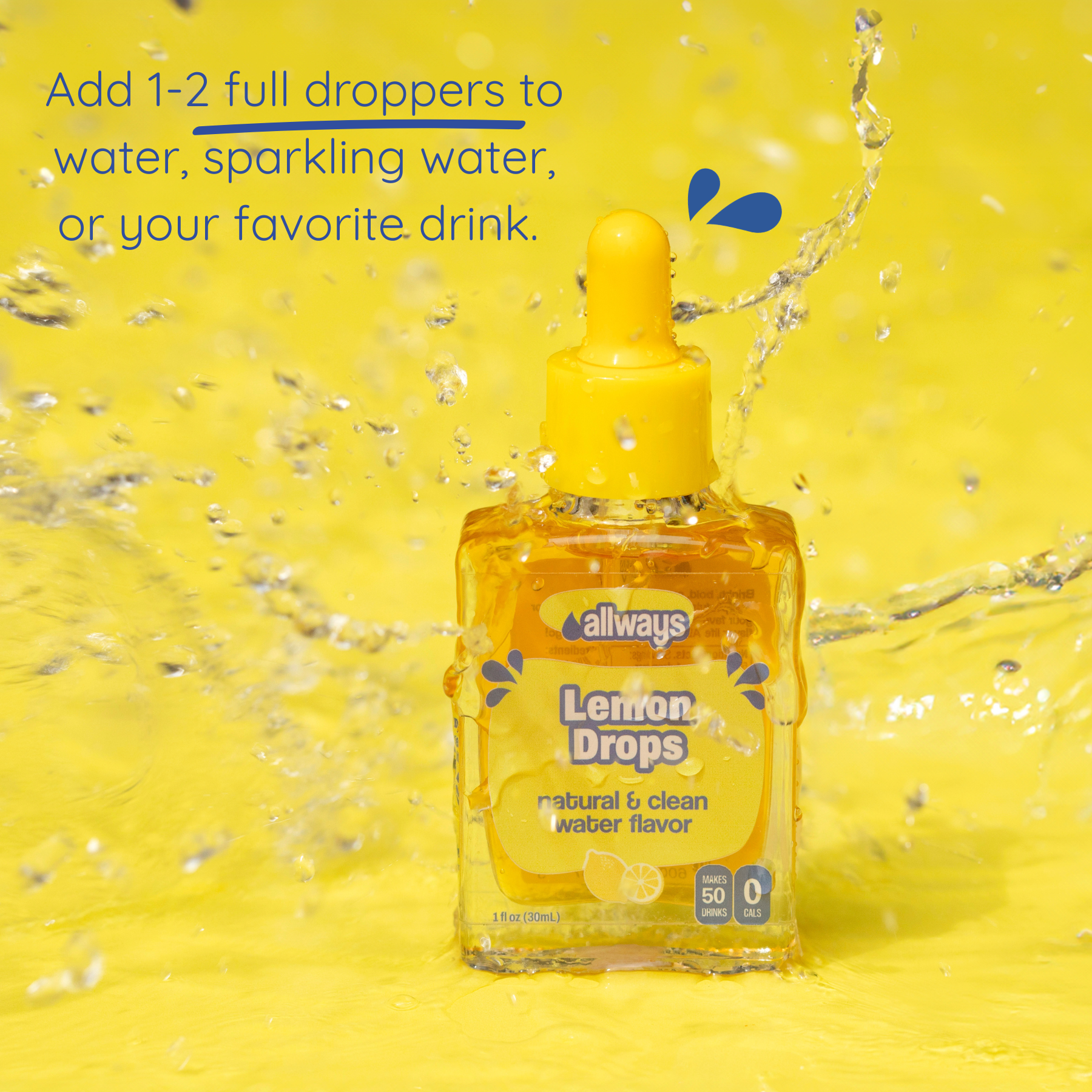 Yellow bottle of Allways Lemon Drops on a yellow background with water droplets.