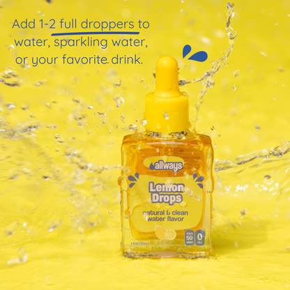 Yellow bottle of Allways Lemon Drops on a yellow background with water droplets.