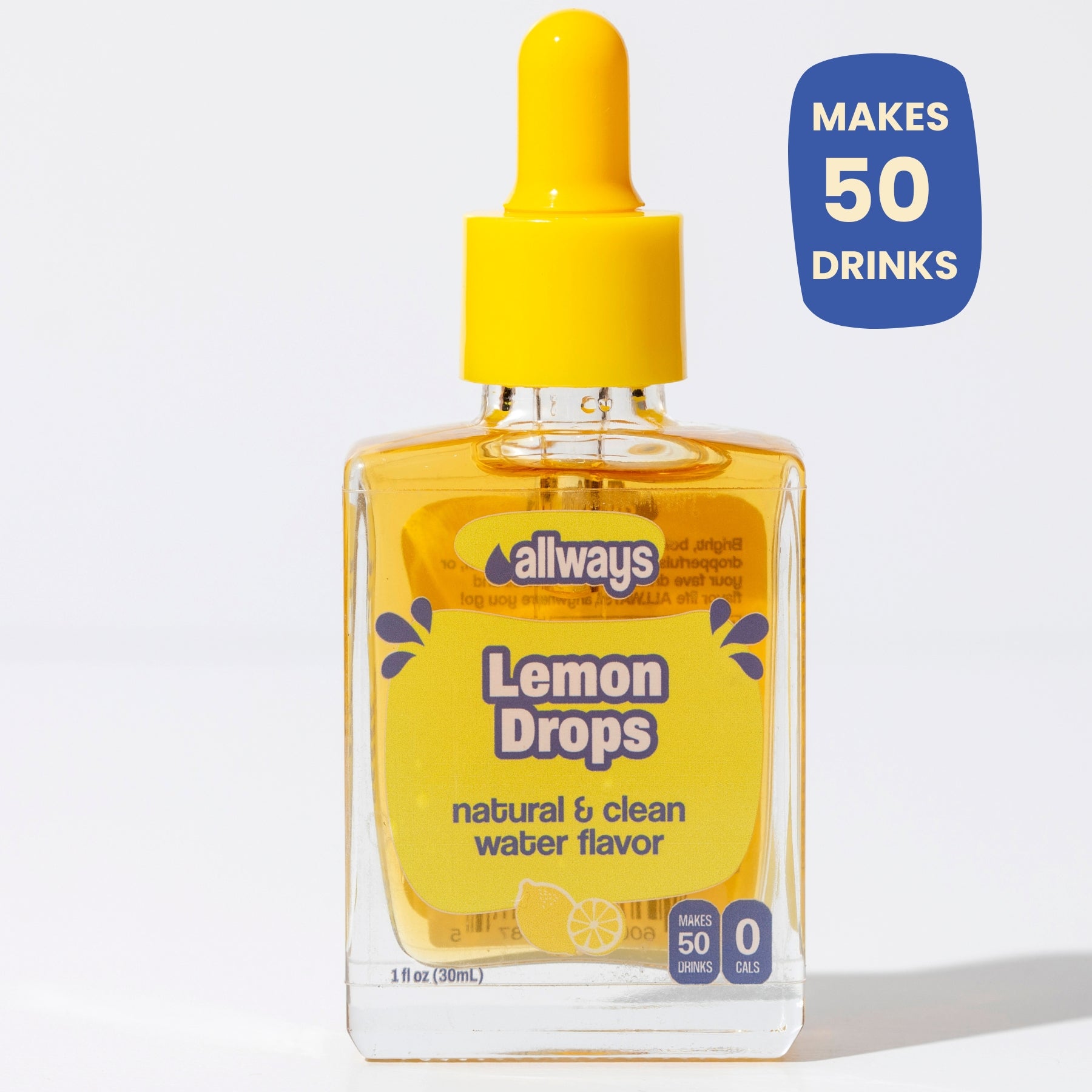 Bottle of Allways Lemon Drops water flavor with a yellow dropper on a white background