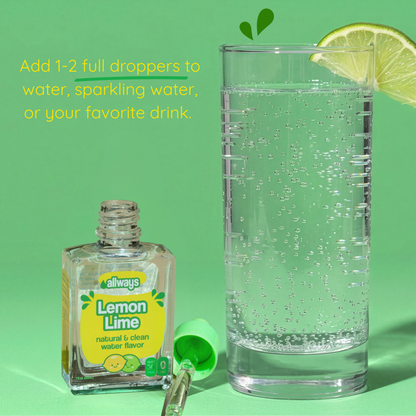 Lemon Lime flavor bottle with dropper, glass of sparkling water, and lemon slice on a green background.